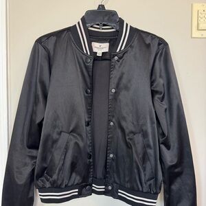 American Eagle Black Satin Bomber Jacket
